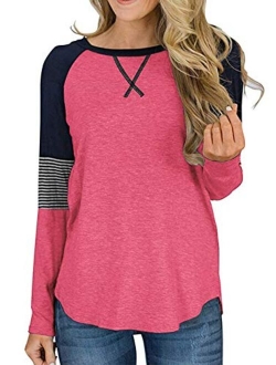 Adibosy Womens Tops Color Block Round Neck Tunic Raglan Shirts Long Sleeve Shirt Blouse