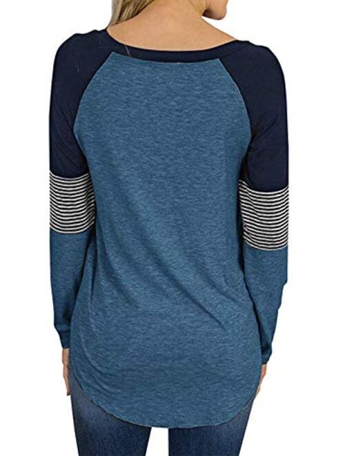 Adibosy Womens Tops Color Block Round Neck Tunic Raglan Shirts Long Sleeve Shirt Blouse