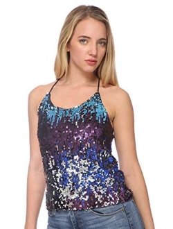 Anna-Kaci Womens Sequin Spaghetti Strap Crop Camisole Tank Top, Matte or Shiny