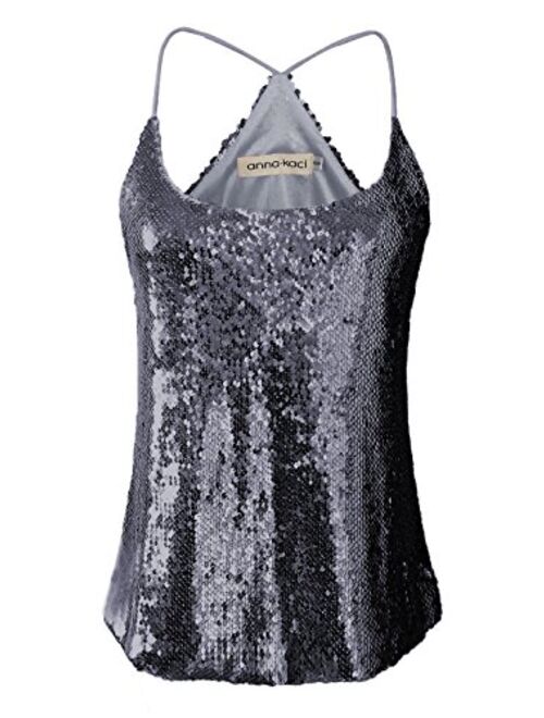 Anna Kaci Anna-Kaci Womens Sequin Spaghetti Strap Crop Camisole Tank Top, Matte or Shiny