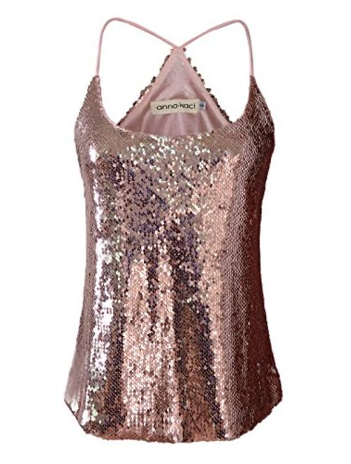 Anna Kaci Anna-Kaci Womens Sequin Spaghetti Strap Crop Camisole Tank Top, Matte or Shiny