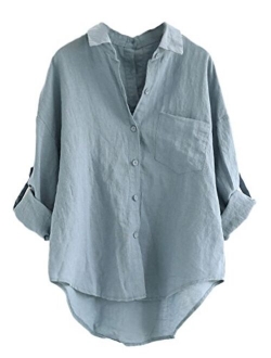 Minibee Women's Linen Blouse High Low Shirt Roll-Up Sleeve Tops