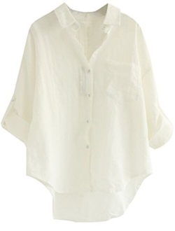 Minibee Women's Linen Blouse High Low Shirt Roll-Up Sleeve Tops