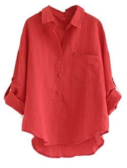 Minibee Women's Linen Blouse High Low Shirt Roll-Up Sleeve Tops