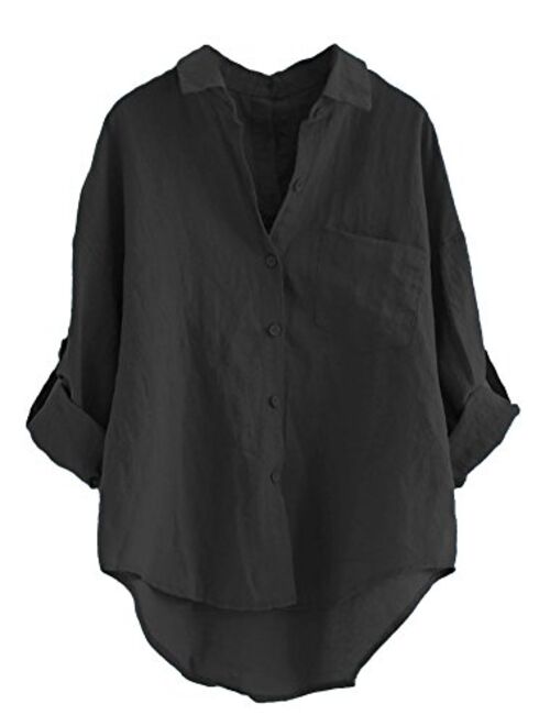 Minibee Women's Linen Blouse High Low Shirt Roll-Up Sleeve Tops