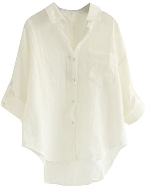 Minibee Women's Linen Blouse High Low Shirt Roll-Up Sleeve Tops