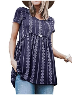 WLLW Women Bohemian Short Sleeve V Neck Floral Print Peplum Shirt Top Blouse Tee