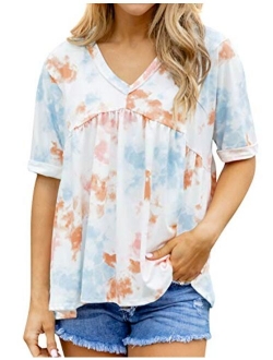 WLLW Women Bohemian Short Sleeve V Neck Floral Print Peplum Shirt Top Blouse Tee