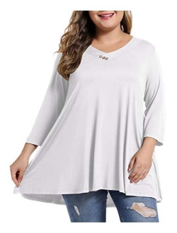 MONNURO Womens Plus Size 3/4 Sleeve V Neck Button Casual Loose Flowy Swing Tunic Tops Basic Tee Shirts for Leggings