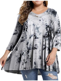 MONNURO Womens Plus Size 3/4 Sleeve V Neck Button Casual Loose Flowy Swing Tunic Tops Basic Tee Shirts for Leggings