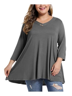 MONNURO Womens Plus Size 3/4 Sleeve V Neck Button Casual Loose Flowy Swing Tunic Tops Basic Tee Shirts for Leggings