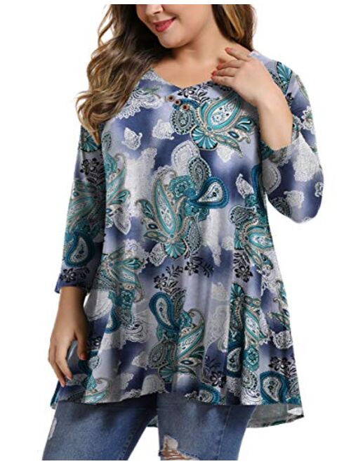 MONNURO Womens Plus Size 3/4 Sleeve V Neck Button Casual Loose Flowy Swing Tunic Tops Basic Tee Shirts for Leggings