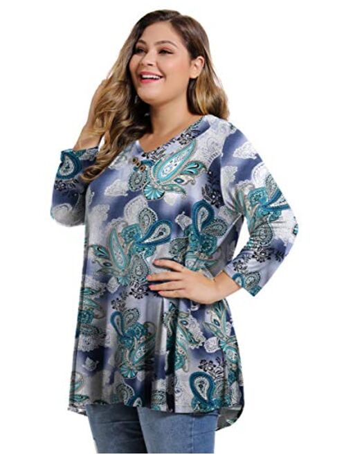 MONNURO Womens Plus Size 3/4 Sleeve V Neck Button Casual Loose Flowy Swing Tunic Tops Basic Tee Shirts for Leggings