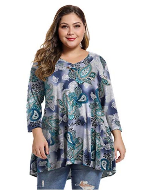 MONNURO Womens Plus Size 3/4 Sleeve V Neck Button Casual Loose Flowy Swing Tunic Tops Basic Tee Shirts for Leggings