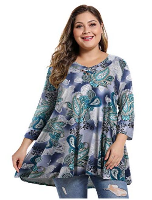 MONNURO Womens Plus Size 3/4 Sleeve V Neck Button Casual Loose Flowy Swing Tunic Tops Basic Tee Shirts for Leggings