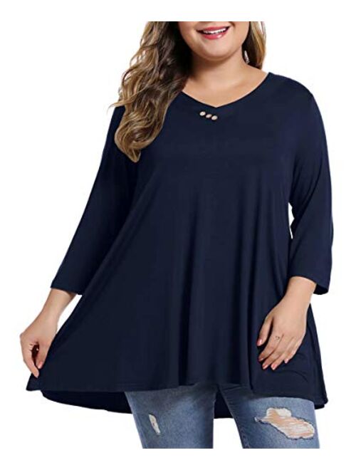 MONNURO Womens Plus Size 3/4 Sleeve V Neck Button Casual Loose Flowy Swing Tunic Tops Basic Tee Shirts for Leggings