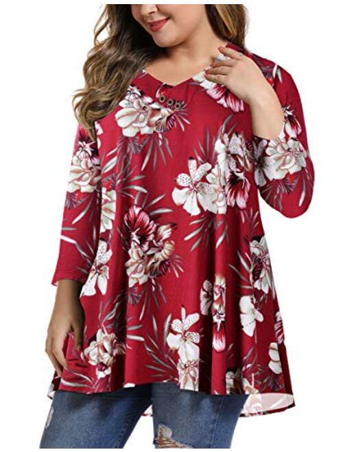 MONNURO Womens Plus Size 3/4 Sleeve V Neck Button Casual Loose Flowy Swing Tunic Tops Basic Tee Shirts for Leggings