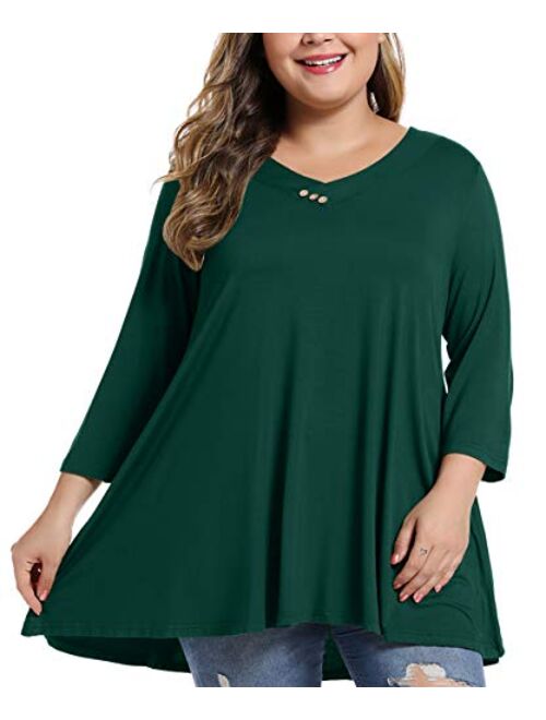 MONNURO Womens Plus Size 3/4 Sleeve V Neck Button Casual Loose Flowy Swing Tunic Tops Basic Tee Shirts for Leggings