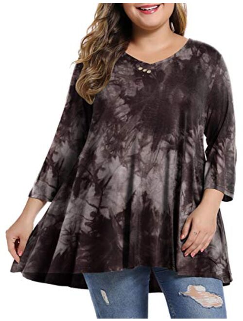 MONNURO Womens Plus Size 3/4 Sleeve V Neck Button Casual Loose Flowy Swing Tunic Tops Basic Tee Shirts for Leggings