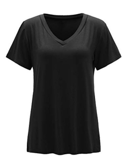 Women's Solid V Neck Short Sleeve Casual Tee Shirt Top