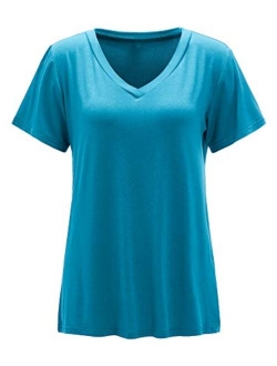 Women's Solid V Neck Short Sleeve Casual Tee Shirt Top