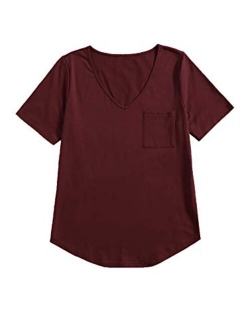 Women's Solid V Neck Short Sleeve Casual Tee Shirt Top