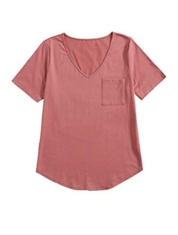 Women's Solid V Neck Short Sleeve Casual Tee Shirt Top