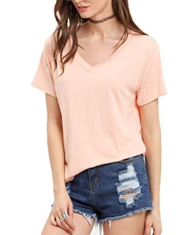 Women's Solid V Neck Short Sleeve Casual Tee Shirt Top