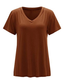 Women's Solid V Neck Short Sleeve Casual Tee Shirt Top