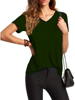 Women's Solid V Neck Short Sleeve Casual Tee Shirt Top