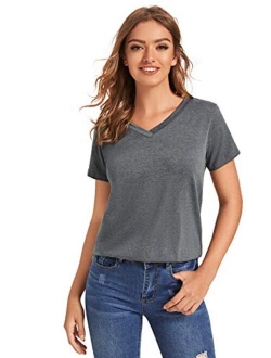 Women's Solid V Neck Short Sleeve Casual Tee Shirt Top