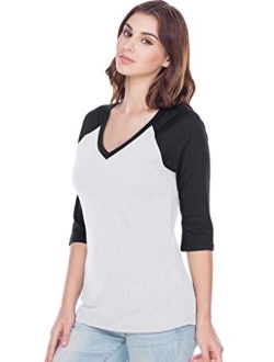 Kavio! Women Sheer Jersey Cntrst V Neck Raglan 3/4 Sleeve