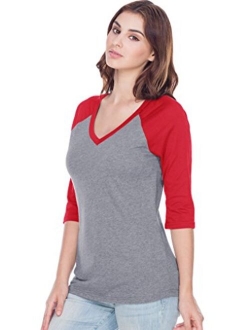 Kavio! Women Sheer Jersey Cntrst V Neck Raglan 3/4 Sleeve