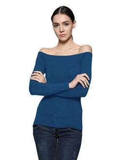 Maggie Tang Trendy Solid Fitted Off Shoulder Long Sleeve Blouse Top