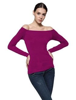 Maggie Tang Trendy Solid Fitted Off Shoulder Long Sleeve Blouse Top