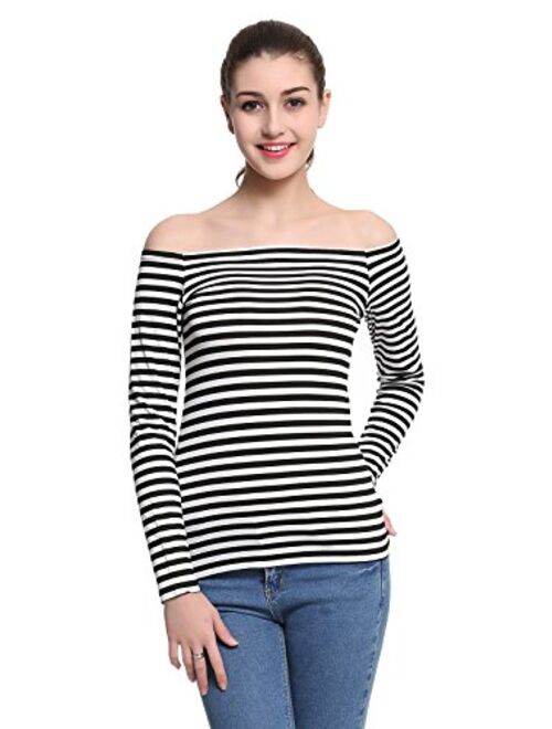 Maggie Tang Trendy Solid Fitted Off Shoulder Long Sleeve Blouse Top