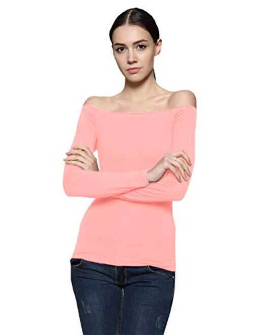 Maggie Tang Trendy Solid Fitted Off Shoulder Long Sleeve Blouse Top