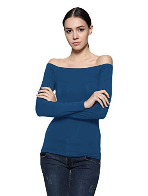 Maggie Tang Trendy Solid Fitted Off Shoulder Long Sleeve Blouse Top