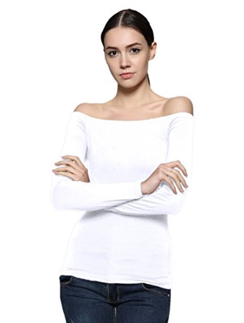 Maggie Tang Trendy Solid Fitted Off Shoulder Long Sleeve Blouse Top