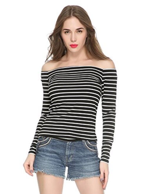 Maggie Tang Trendy Solid Fitted Off Shoulder Long Sleeve Blouse Top