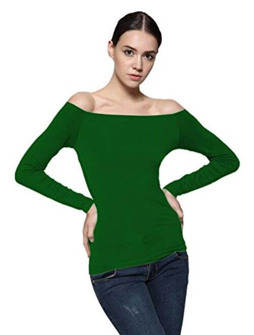 Maggie Tang Trendy Solid Fitted Off Shoulder Long Sleeve Blouse Top