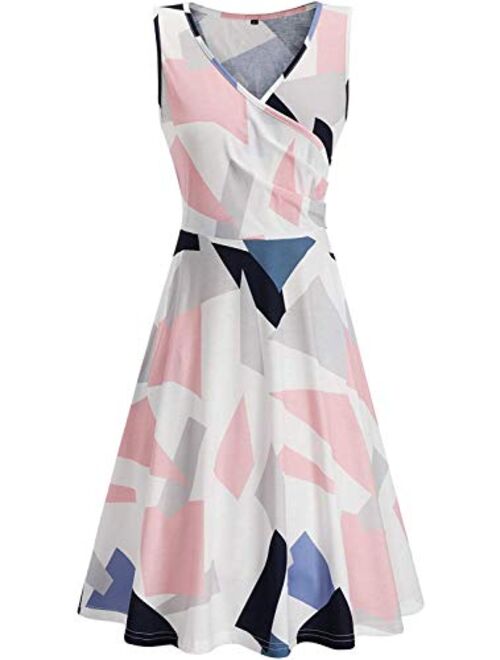 KILIG Women's Casual Dress V Neck A Line Cap Sleeveless Summer Casual Sundress Elegant Wrap Midi Dress