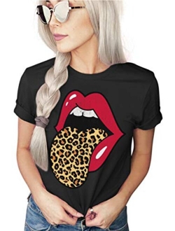 Red Lips Leopard Distressed Print Tongue T-Shirt | Cheetah Animal Print Trendy Graphic Tee | Unisex Sizing