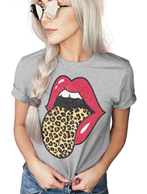 Red Lips Leopard Distressed Print Tongue T-Shirt | Cheetah Animal Print Trendy Graphic Tee | Unisex Sizing