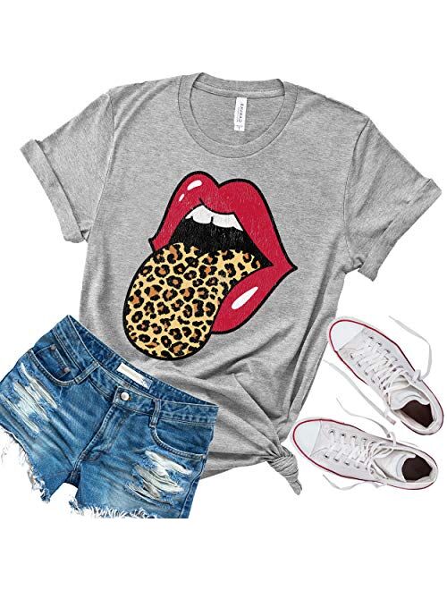 Red Lips Leopard Distressed Print Tongue T-Shirt | Cheetah Animal Print Trendy Graphic Tee | Unisex Sizing