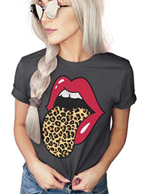 Red Lips Leopard Distressed Print Tongue T-Shirt | Cheetah Animal Print Trendy Graphic Tee | Unisex Sizing