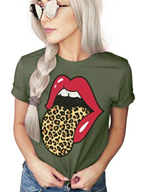 Red Lips Leopard Distressed Print Tongue T-Shirt | Cheetah Animal Print Trendy Graphic Tee | Unisex Sizing