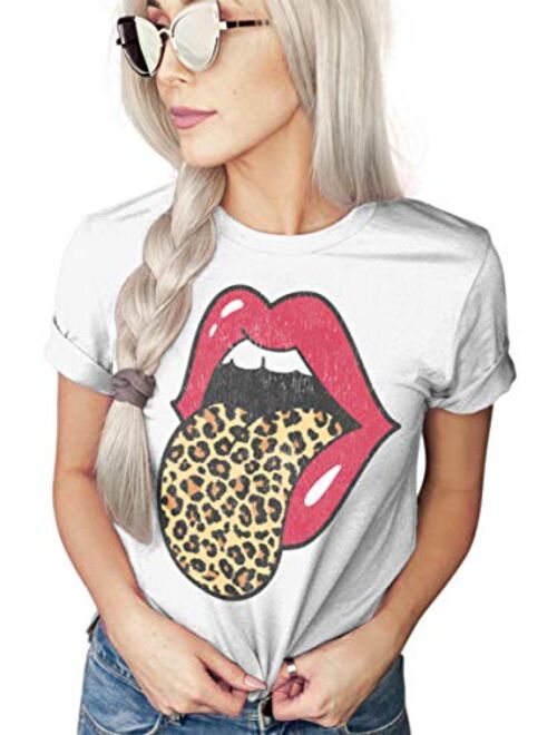 Red Lips Leopard Distressed Print Tongue T-Shirt | Cheetah Animal Print Trendy Graphic Tee | Unisex Sizing