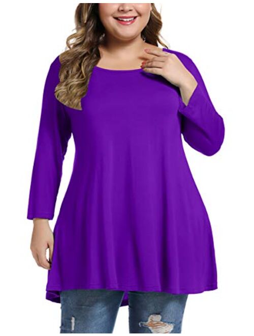 MONNURO Womens 3/4 Sleeve Casual Loose Fit Swing Plus Size Tunic Tops Basic T Shirt