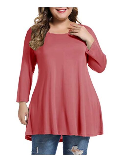 MONNURO Womens 3/4 Sleeve Casual Loose Fit Swing Plus Size Tunic Tops Basic T Shirt